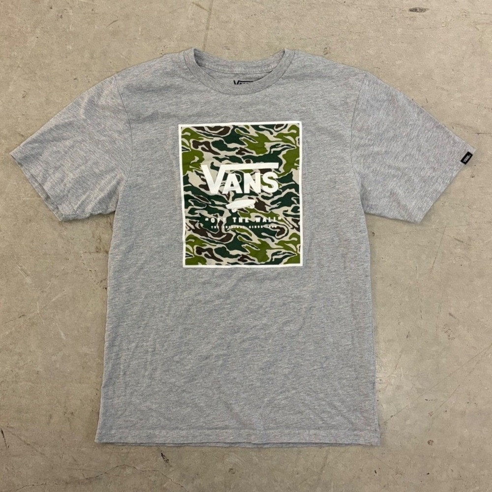 Vans Boys Large 12-14 Gray Camo Box Logo Off The Wall Graphic T-Shirt
